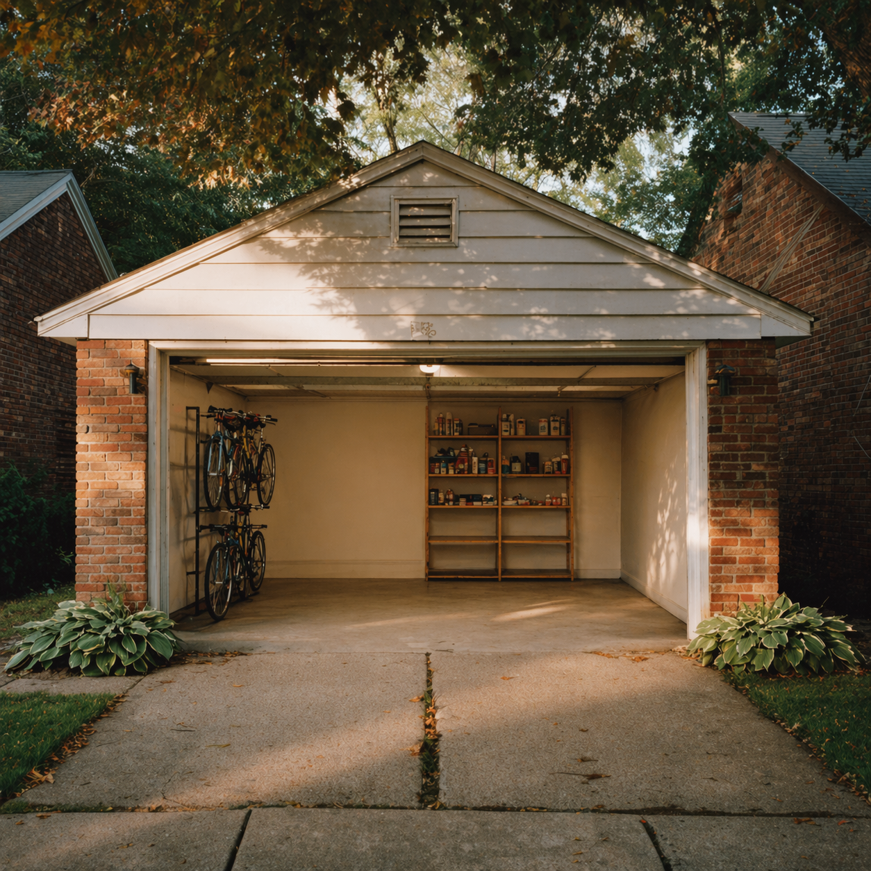 The same garage after a Cleany Tup cleanout, swept, clear, and open.