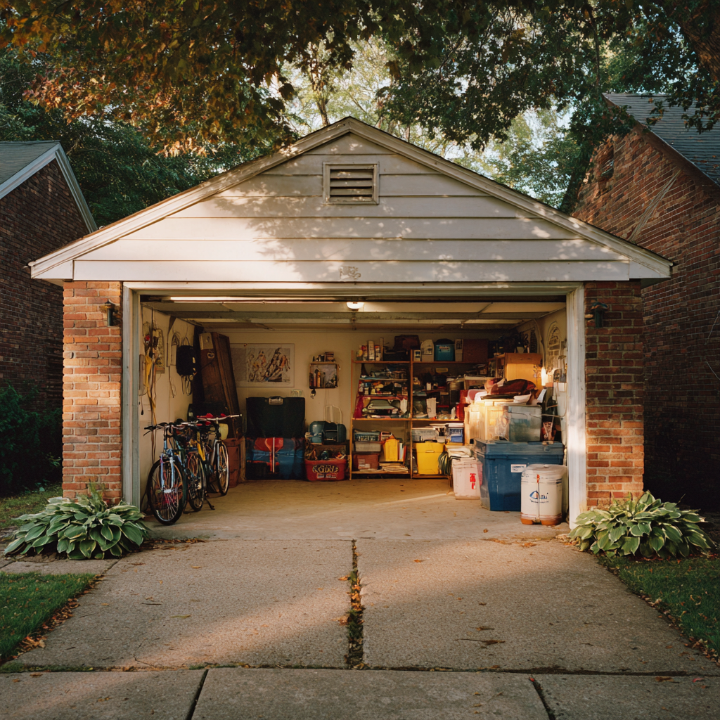 A cluttered suburban garage packed with storage tubs, bikes, and boxes before cleanout.