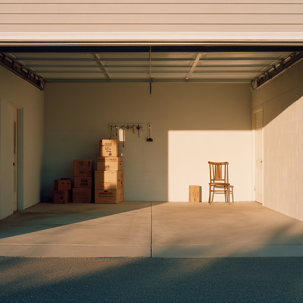 A freshly cleaned two-car Chicago suburban garage, doors open, sunlight spilling across a polished concrete floor.